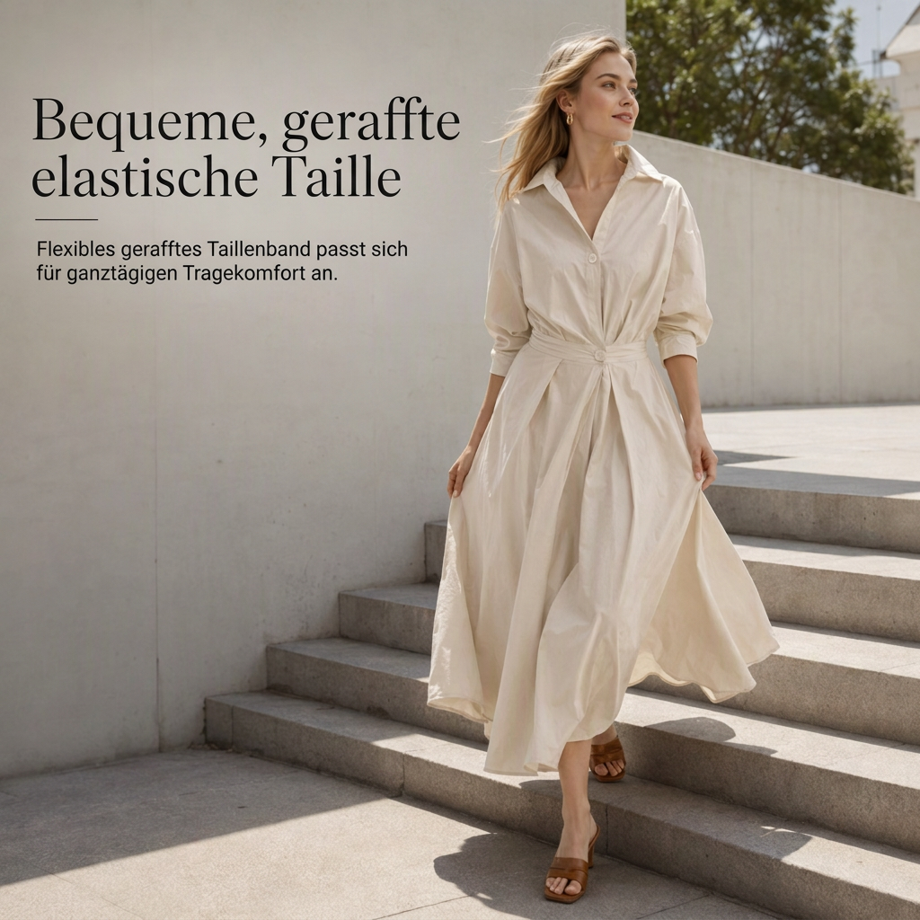 Elegantes Damen Baumwoll-Leinenschrankfarbenes Hemdkleid mit Umlegekragen, elastischer Taille und ausgestellter Schwingsaum