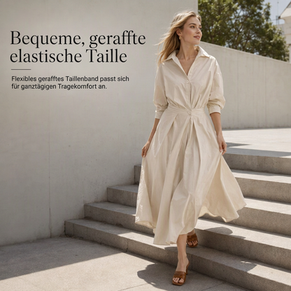 Elegantes Damen Baumwoll-Leinenschrankfarbenes Hemdkleid mit Umlegekragen, elastischer Taille und ausgestellter Schwingsaum