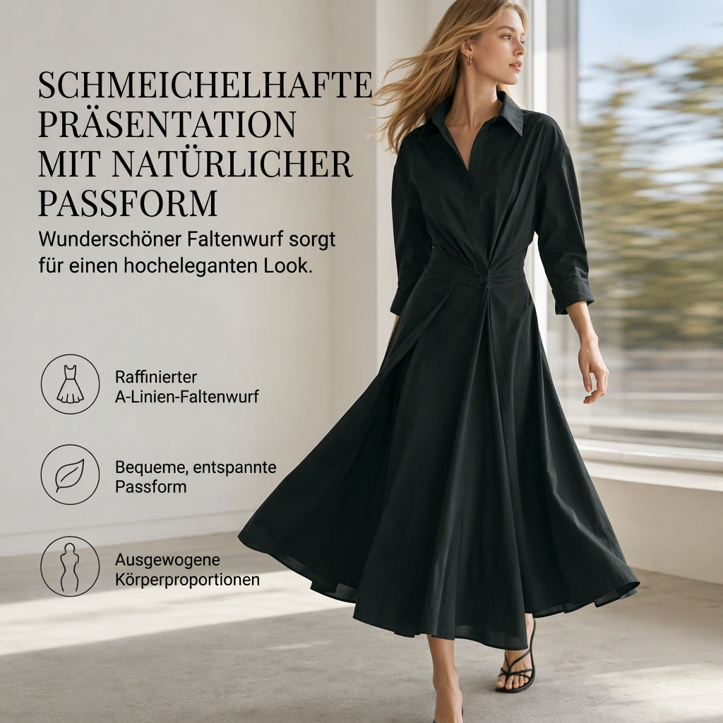 Elegantes Damen Baumwoll-Leinenschrankfarbenes Hemdkleid mit Umlegekragen, elastischer Taille und ausgestellter Schwingsaum