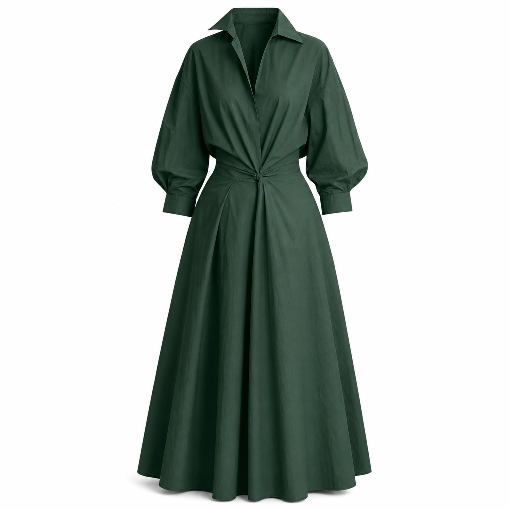 Elegantes Damen Baumwoll-Leinenschrankfarbenes Hemdkleid mit Umlegekragen, elastischer Taille und ausgestellter Schwingsaum
