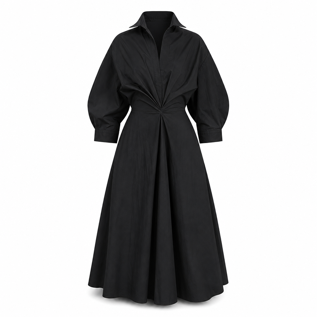 Elegantes Damen Baumwoll-Leinenschrankfarbenes Hemdkleid mit Umlegekragen, elastischer Taille und ausgestellter Schwingsaum