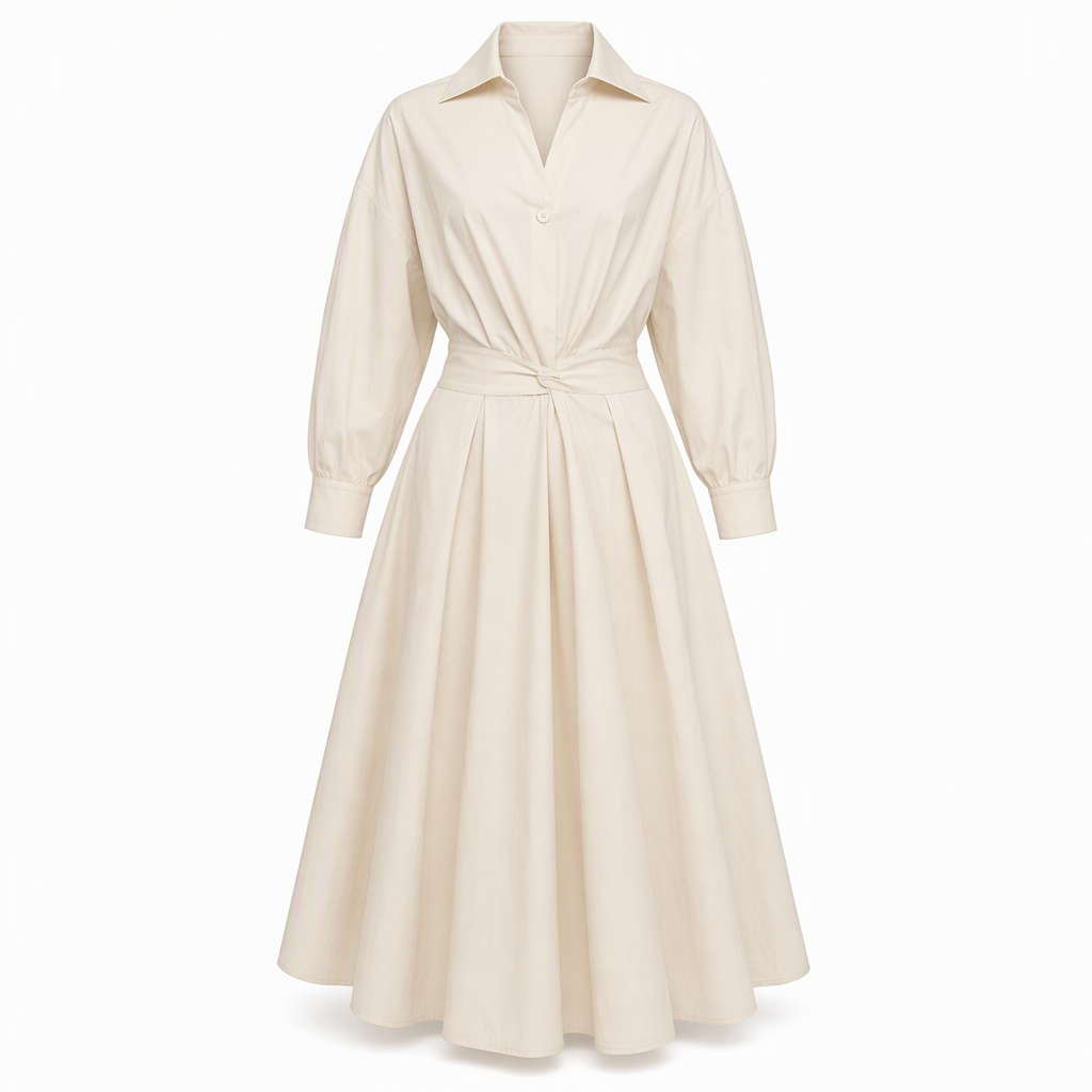 Elegantes Damen Baumwoll-Leinenschrankfarbenes Hemdkleid mit Umlegekragen, elastischer Taille und ausgestellter Schwingsaum
