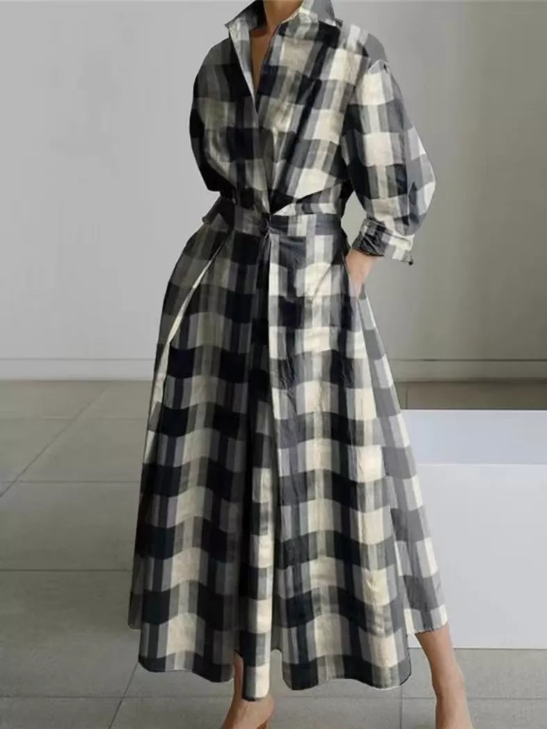 Elegantes Damen Baumwoll-Leinenschrankfarbenes Hemdkleid mit Umlegekragen, elastischer Taille und ausgestellter Schwingsaum
