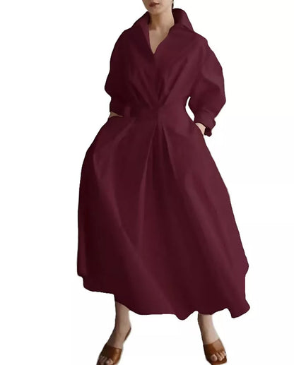 Elegantes Damen Baumwoll-Leinenschrankfarbenes Hemdkleid mit Umlegekragen, elastischer Taille und ausgestellter Schwingsaum