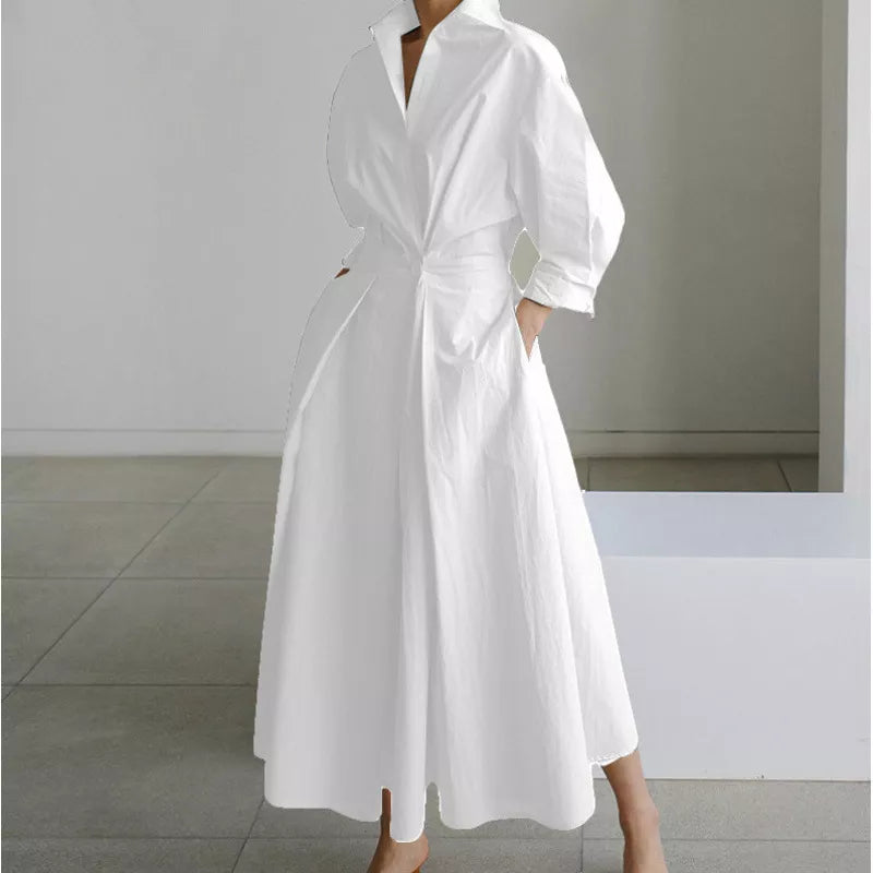 Elegantes Damen Baumwoll-Leinenschrankfarbenes Hemdkleid mit Umlegekragen, elastischer Taille und ausgestellter Schwingsaum
