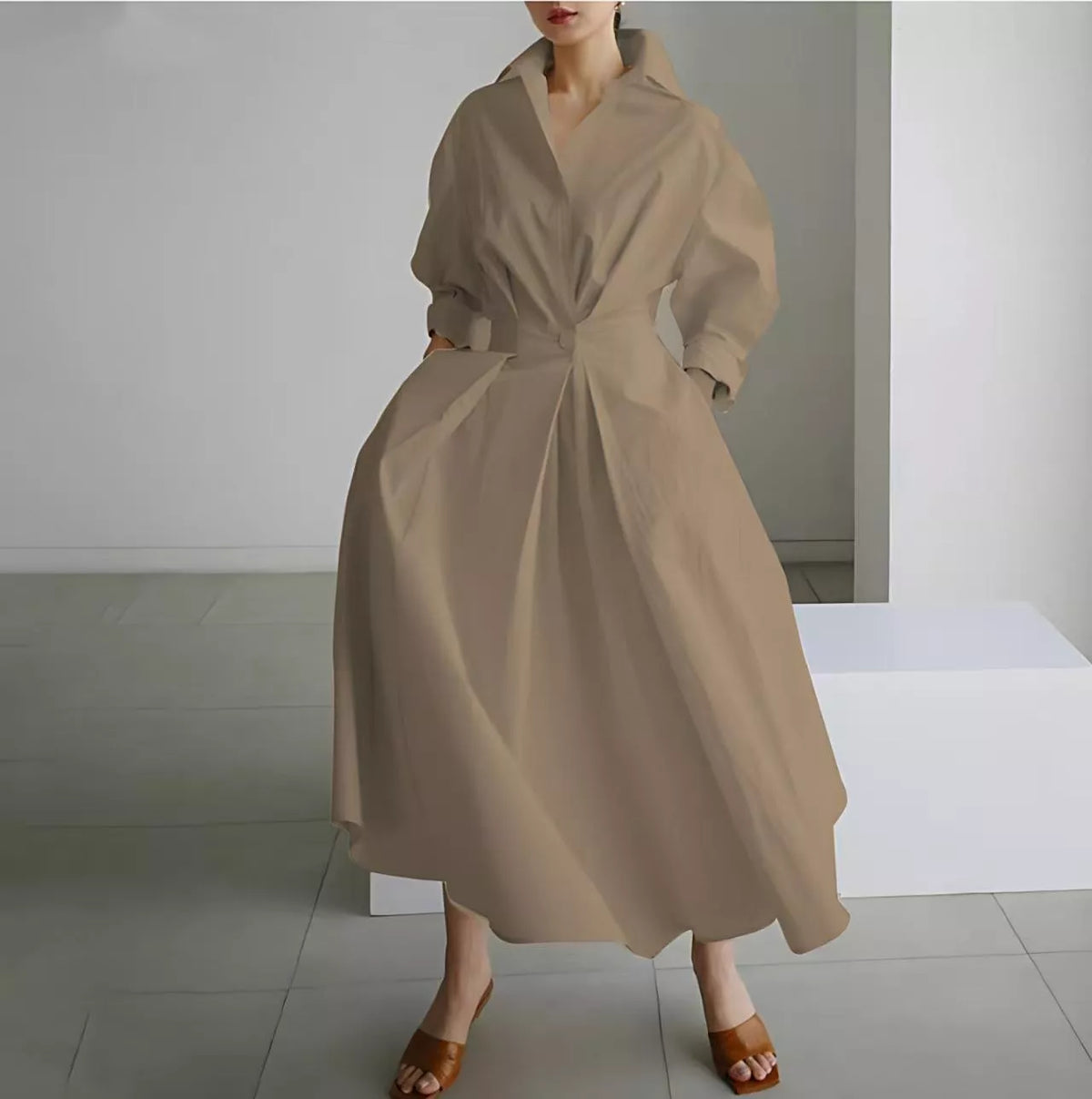 Elegantes Damen Baumwoll-Leinenschrankfarbenes Hemdkleid mit Umlegekragen, elastischer Taille und ausgestellter Schwingsaum