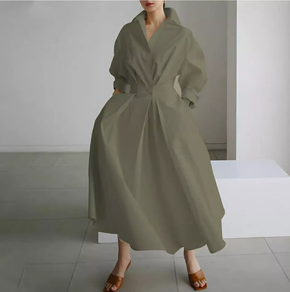 Elegantes Damen Baumwoll-Leinenschrankfarbenes Hemdkleid mit Umlegekragen, elastischer Taille und ausgestellter Schwingsaum
