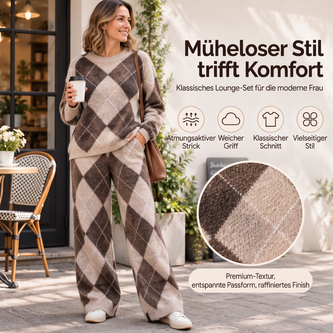 Damen-Set – Argyle-Strickpullover & weite Hose, bequem & vielseitig