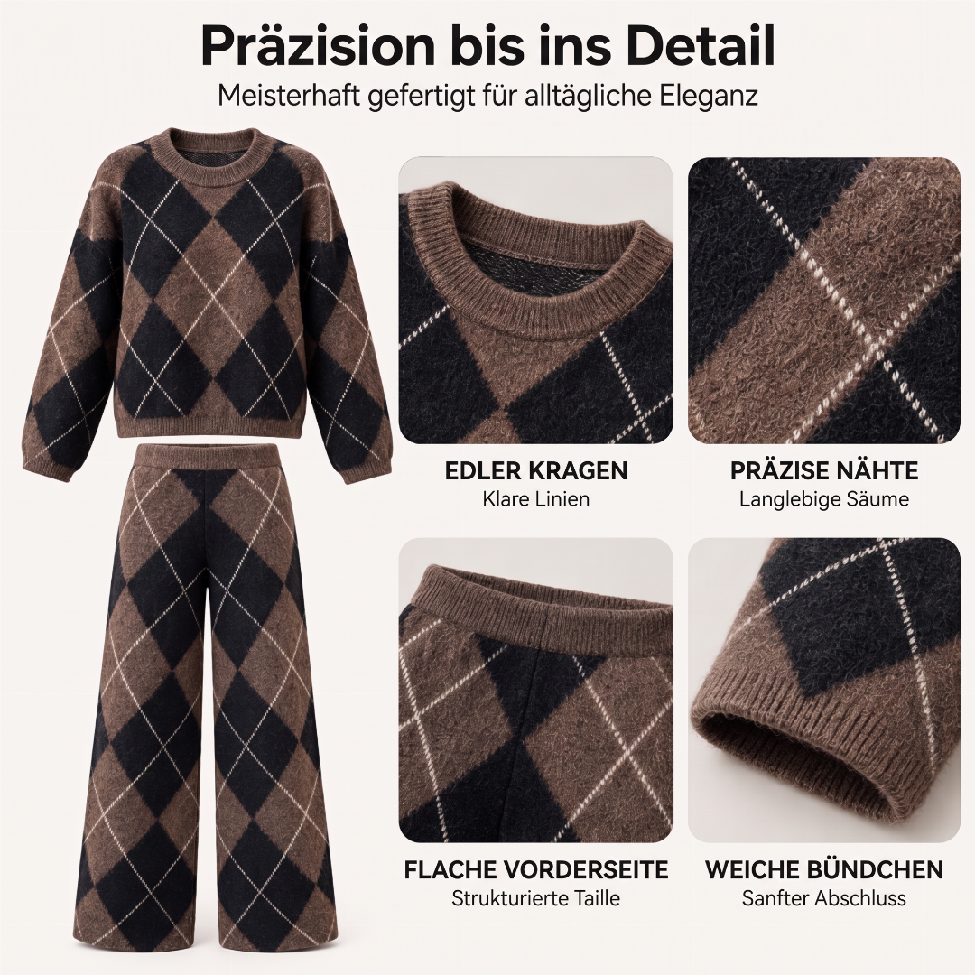Damen-Set – Argyle-Strickpullover & weite Hose, bequem & vielseitig