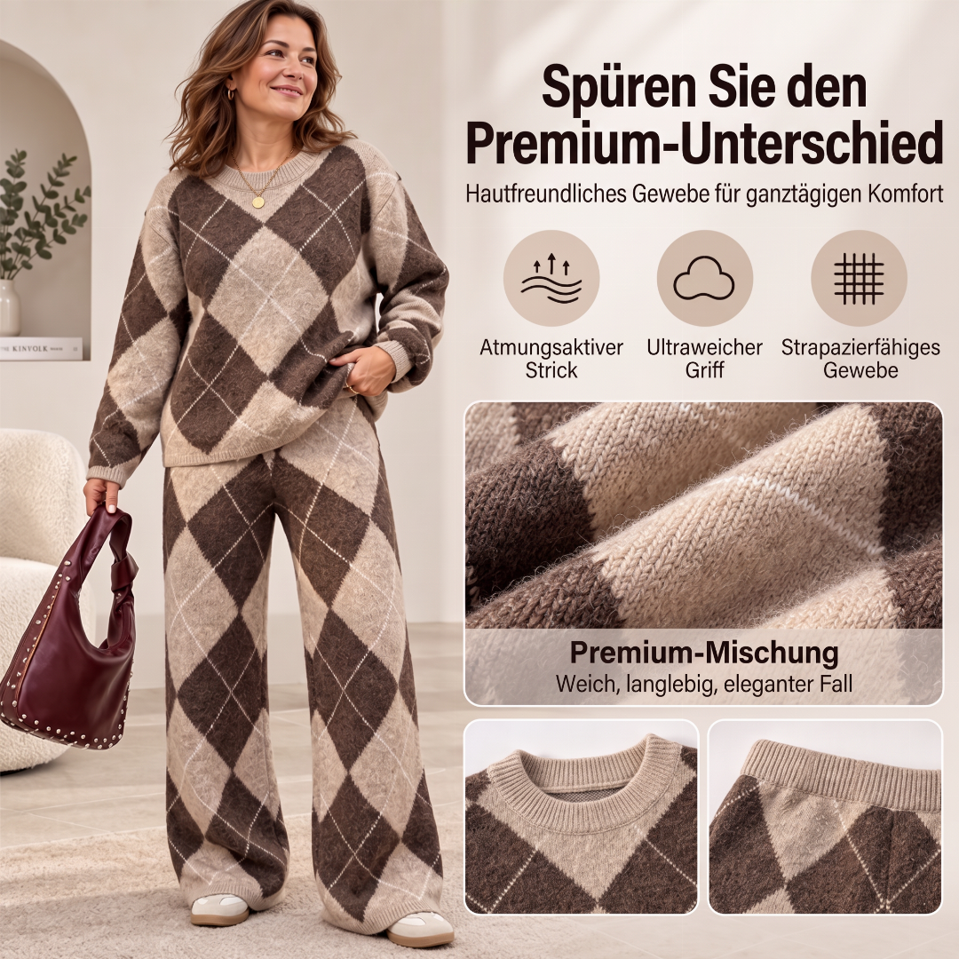 Damen-Set – Argyle-Strickpullover & weite Hose, bequem & vielseitig