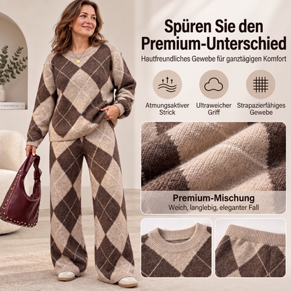 Damen-Set – Argyle-Strickpullover & weite Hose, bequem & vielseitig