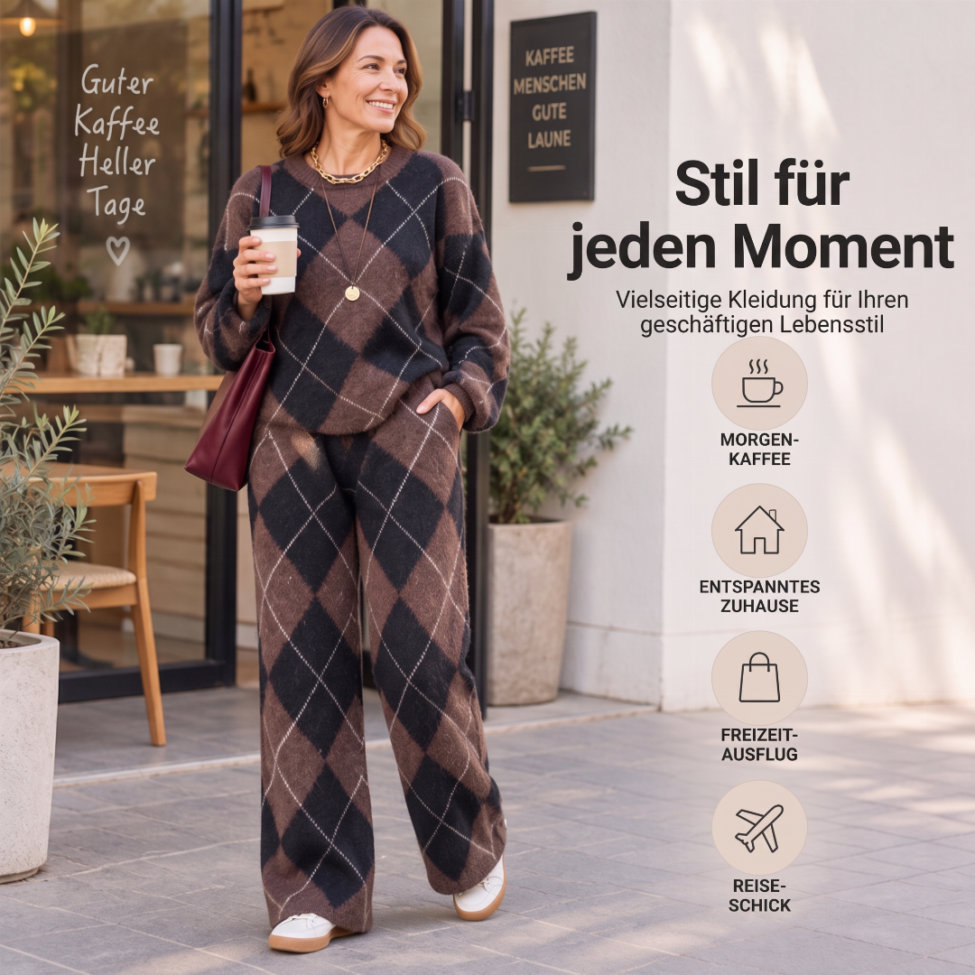 Damen-Set – Argyle-Strickpullover & weite Hose, bequem & vielseitig