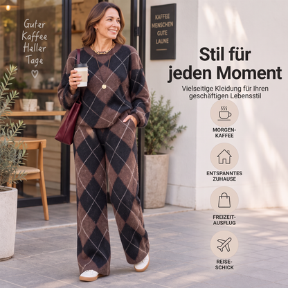 Damen-Set – Argyle-Strickpullover & weite Hose, bequem & vielseitig