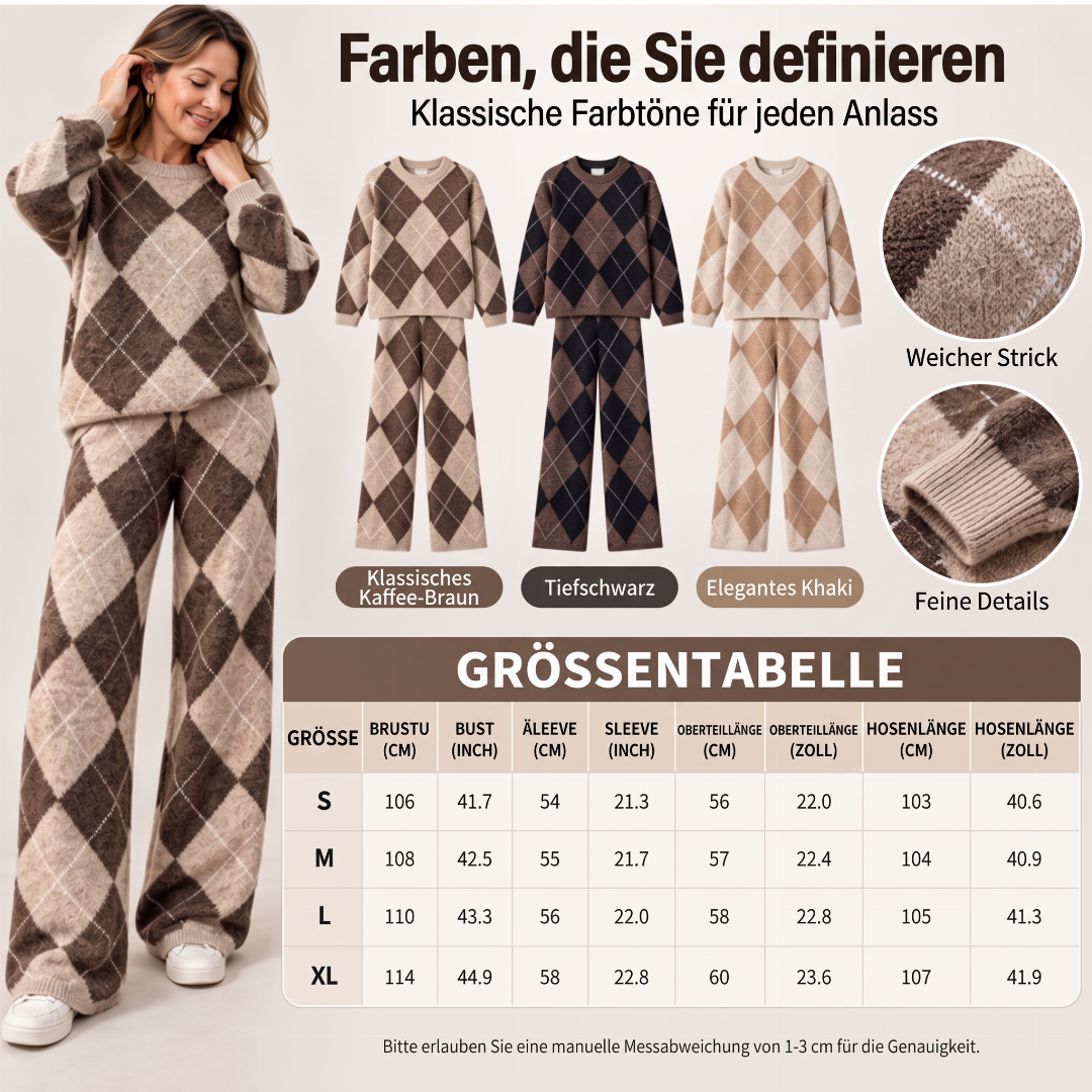 Damen-Set – Argyle-Strickpullover & weite Hose, bequem & vielseitig