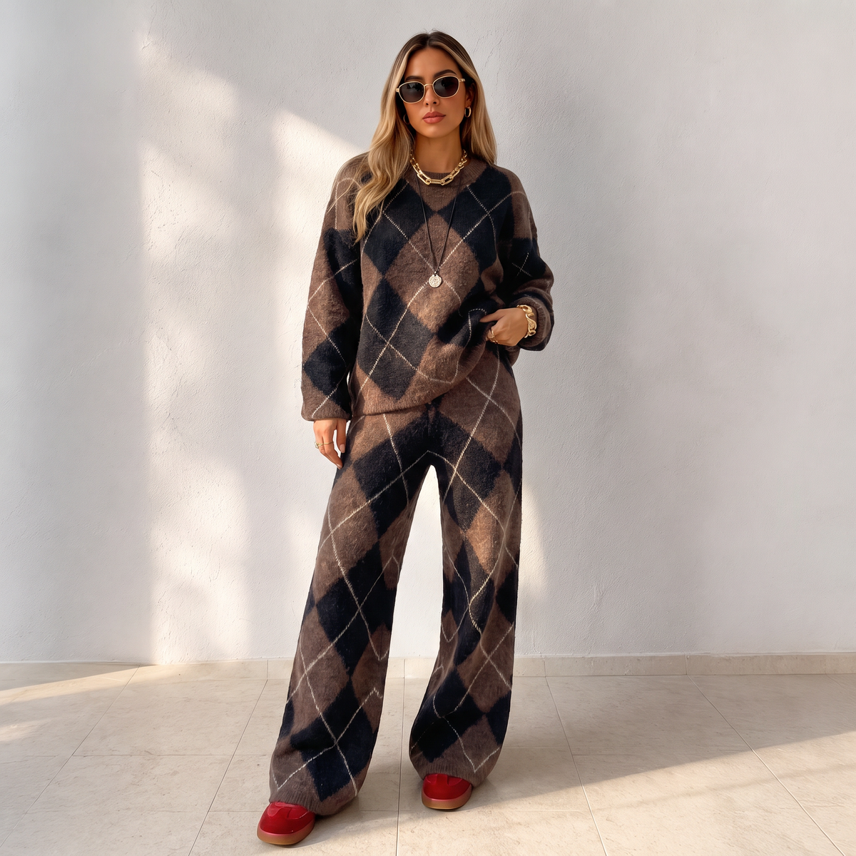 Damen-Set – Argyle-Strickpullover & weite Hose, bequem & vielseitig