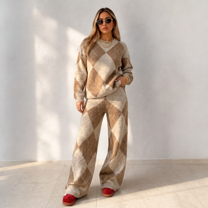 Damen-Set – Argyle-Strickpullover & weite Hose, bequem & vielseitig