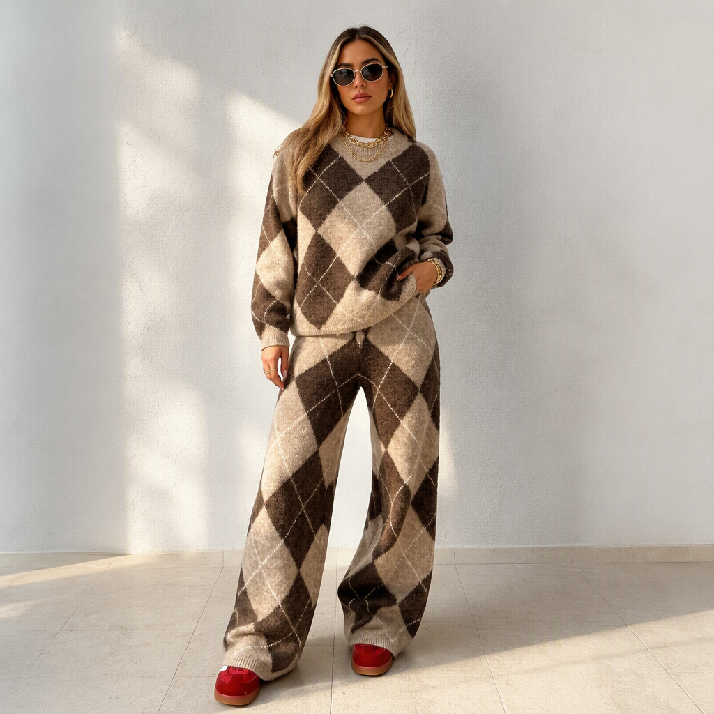 Damen-Set – Argyle-Strickpullover & weite Hose, bequem & vielseitig