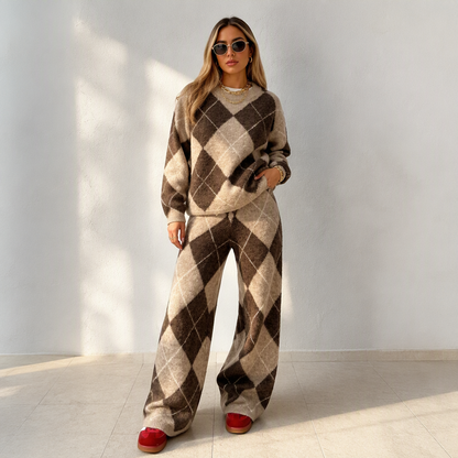 Damen-Set – Argyle-Strickpullover & weite Hose, bequem & vielseitig