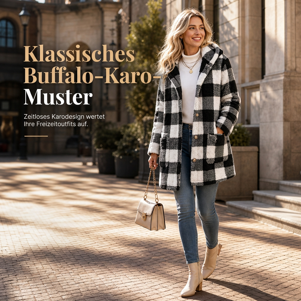 📢🎉Räumungsverkauf!!!🛍️✨Damen Langärmeliger kariierter Mantel aus Kunstfell mit Kapuze