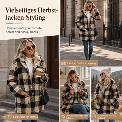 📢🎉Räumungsverkauf!!!🛍️✨Damen Langärmeliger kariierter Mantel aus Kunstfell mit Kapuze