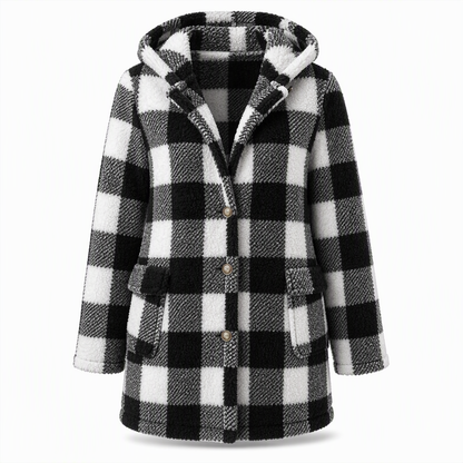 📢🎉Räumungsverkauf!!!🛍️✨Damen Langärmeliger kariierter Mantel aus Kunstfell mit Kapuze
