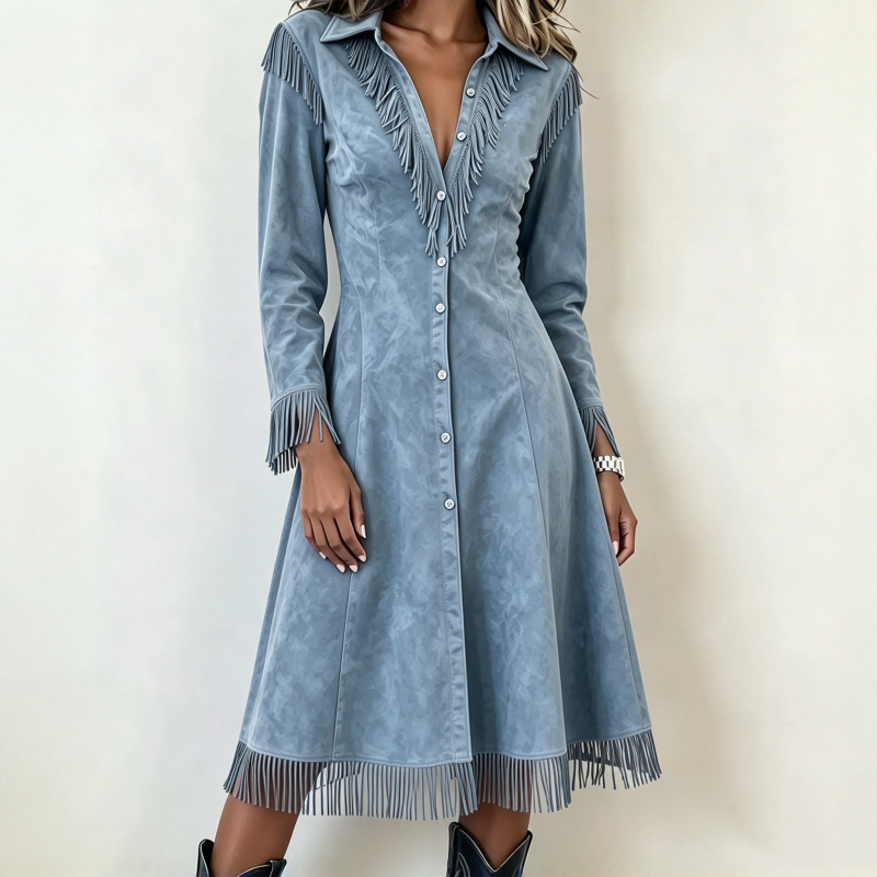 ⏰ Countdown läuft – 50% nur noch 3 Tage! Damen Vintage Langarm Fransenkleid