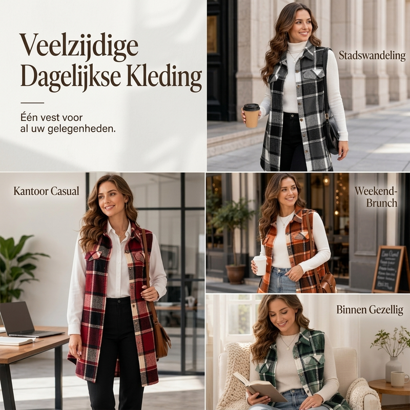 💥50% Rabatt! Nur heute!💥 Damen-Weste mit Karomuster, Knopfleiste und Taschen