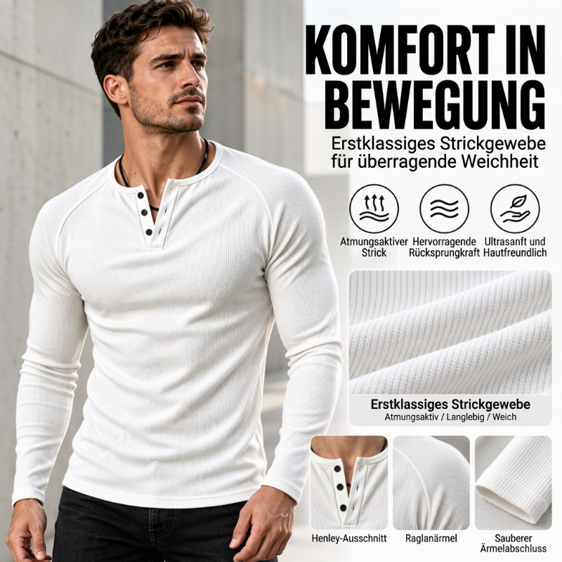 🛍️✨Lässiges, schmal geschnittenes Herren-Henley-T-Shirt mit Rippstrick