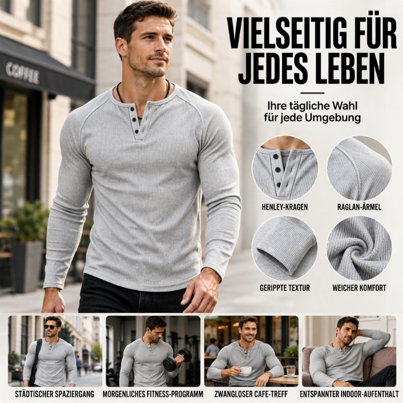 🛍️✨Lässiges, schmal geschnittenes Herren-Henley-T-Shirt mit Rippstrick