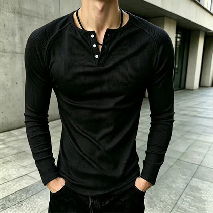 🛍️✨Lässiges, schmal geschnittenes Herren-Henley-T-Shirt mit Rippstrick