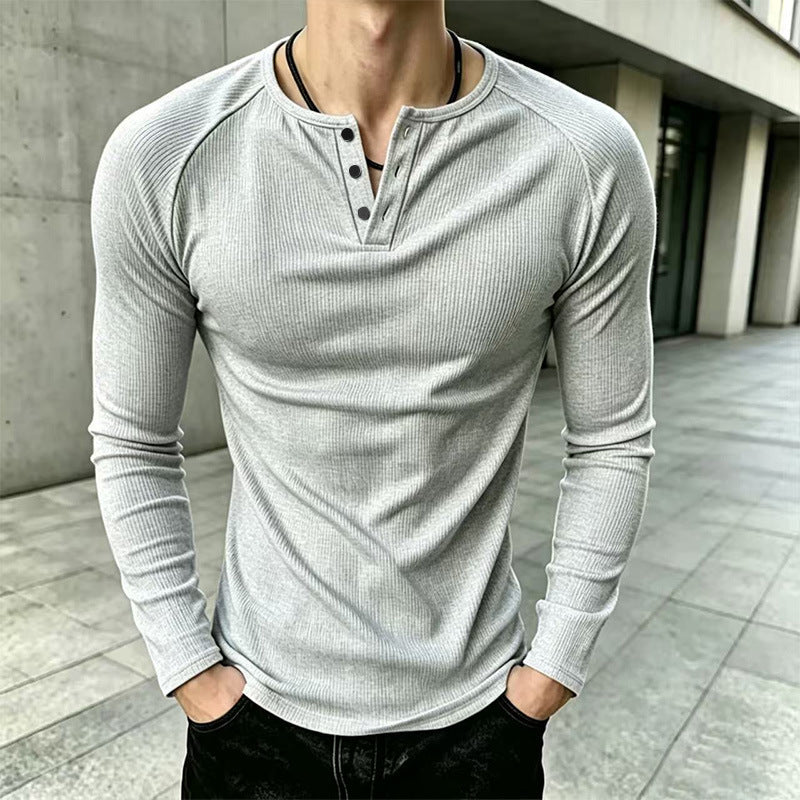 🛍️✨Lässiges, schmal geschnittenes Herren-Henley-T-Shirt mit Rippstrick