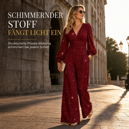 ⚡Beliebteste Wahl! 50% Rabatt!⚡Zweiteiliges Damen-Outfit Für Herbst und Winter Tiefer V-Ausschnitt, Ballonärmel, Plissiertes Oberteil und weithosen mit Taschen