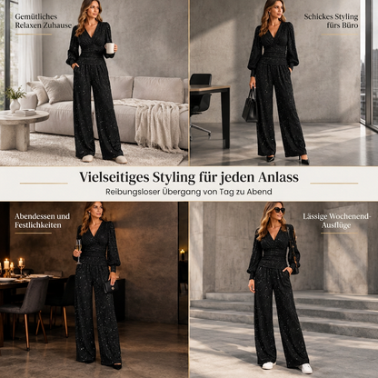 ⚡Beliebteste Wahl! 50% Rabatt!⚡Zweiteiliges Damen-Outfit Für Herbst und Winter Tiefer V-Ausschnitt, Ballonärmel, Plissiertes Oberteil und weithosen mit Taschen