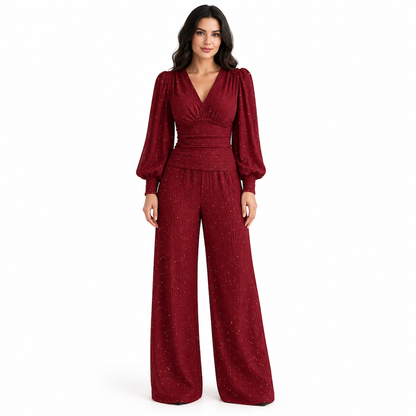⚡Beliebteste Wahl! 50% Rabatt!⚡Zweiteiliges Damen-Outfit Für Herbst und Winter Tiefer V-Ausschnitt, Ballonärmel, Plissiertes Oberteil und weithosen mit Taschen