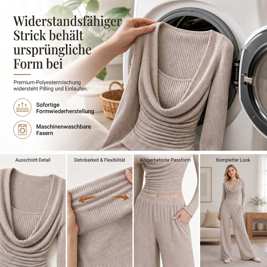 🚨Fast ausverkauft!🚨 Lässiges Strick-Zweiteiler Damen mit langärmeligem tailliertem Oberteil und hochtaillierter weit geschnittener Hose