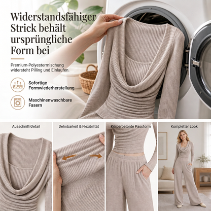🚨Fast ausverkauft!🚨 Lässiges Strick-Zweiteiler Damen mit langärmeligem tailliertem Oberteil und hochtaillierter weit geschnittener Hose
