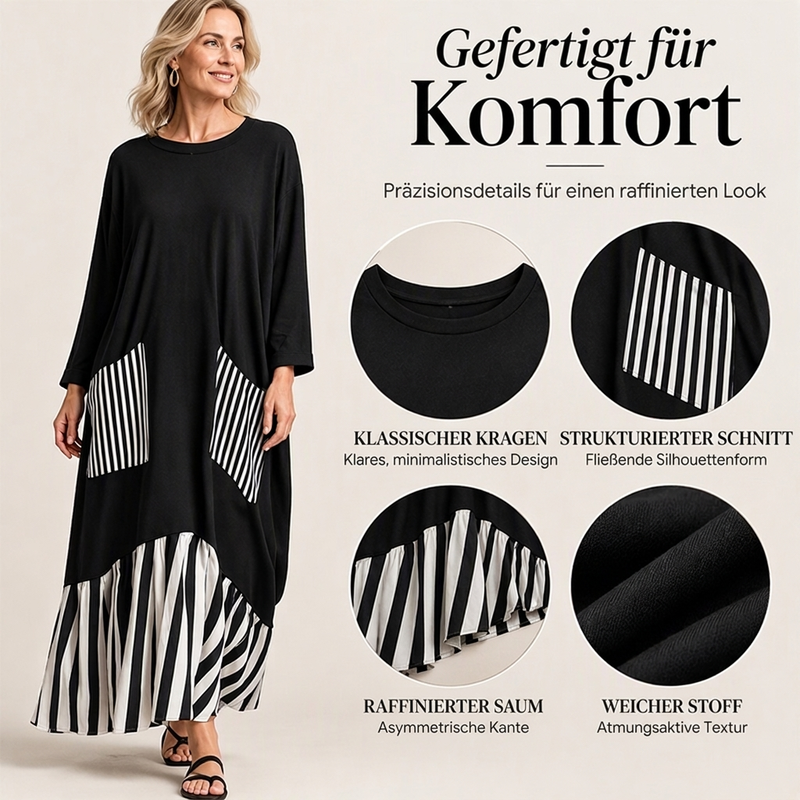 🥳Über 50.000 verkauft! 50% Rabatt!🥳 Damen Maxikleid mit Streifen-Patchwork und langen Ärmeln
