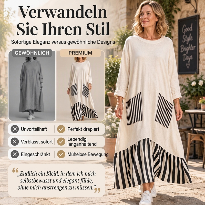 🥳Über 50.000 verkauft! 50% Rabatt!🥳 Damen Maxikleid mit Streifen-Patchwork und langen Ärmeln