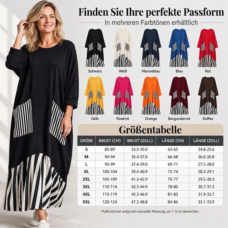 🥳Über 50.000 verkauft! 50% Rabatt!🥳 Damen Maxikleid mit Streifen-Patchwork und langen Ärmeln