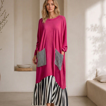 🥳Über 50.000 verkauft! 50% Rabatt!🥳 Damen Maxikleid mit Streifen-Patchwork und langen Ärmeln