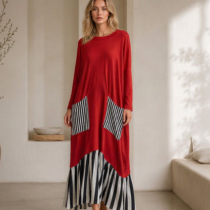 🥳Über 50.000 verkauft! 50% Rabatt!🥳 Damen Maxikleid mit Streifen-Patchwork und langen Ärmeln