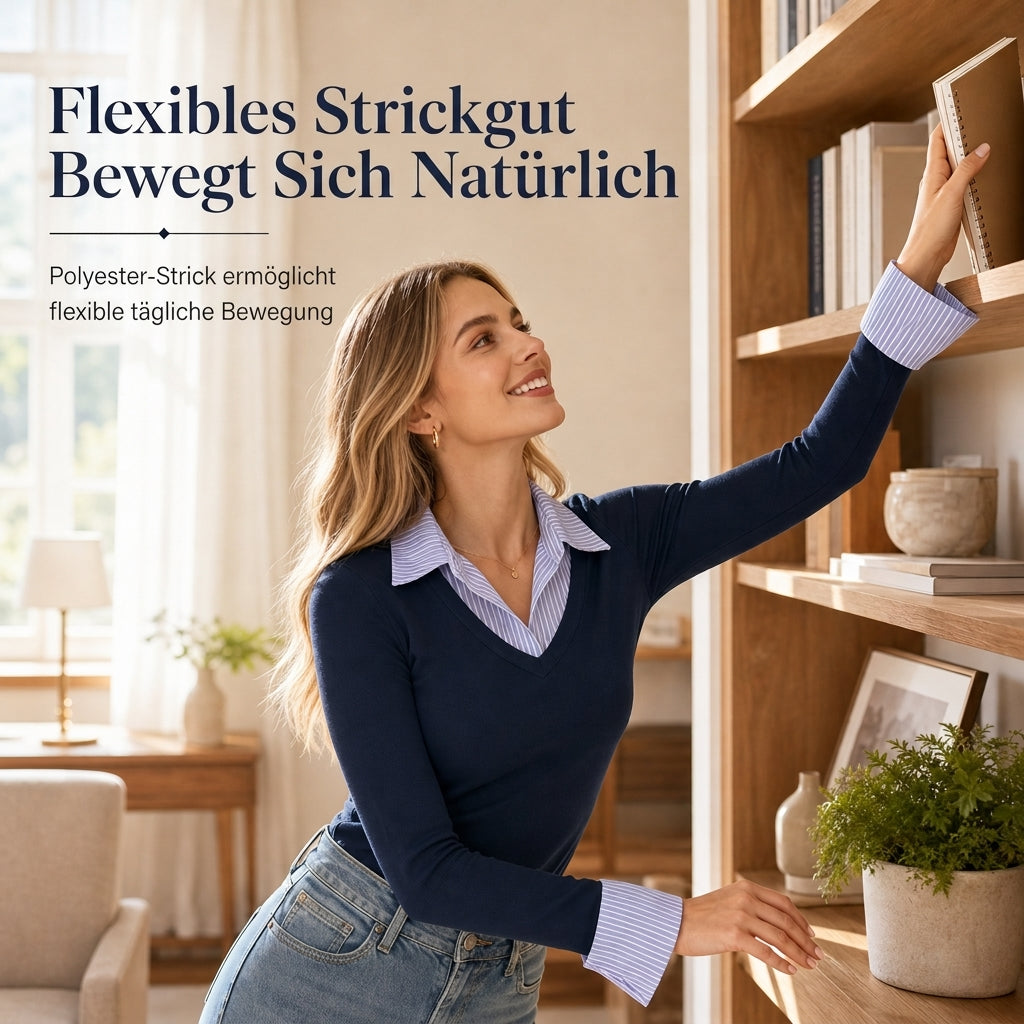 Damen Streifenimitat Zweiteiler Langarm Strickpullover Preppy-Stil Schmaler Passform Pullover-Oberteil