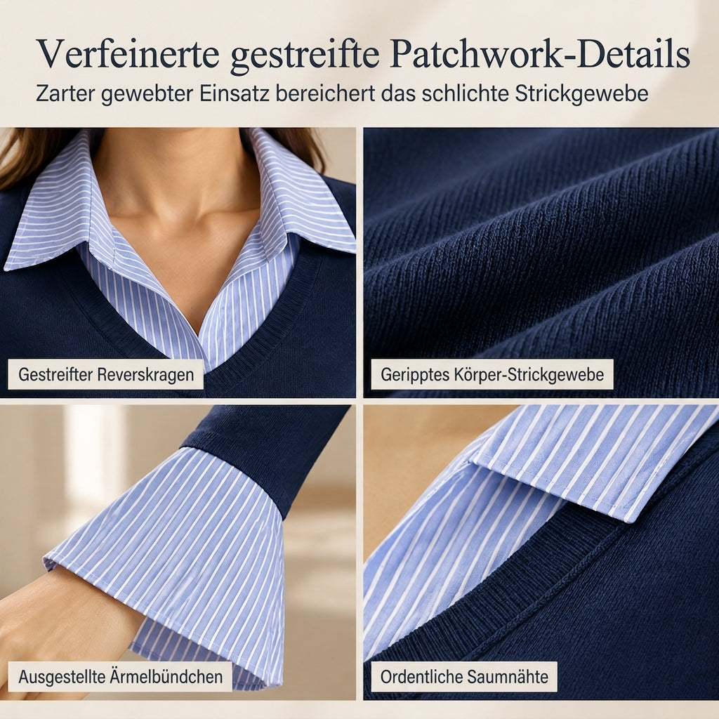 Damen Streifenimitat Zweiteiler Langarm Strickpullover Preppy-Stil Schmaler Passform Pullover-Oberteil
