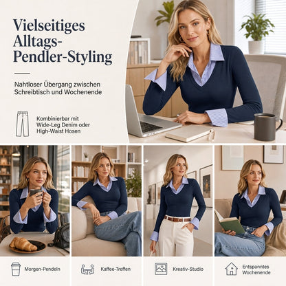 Damen Streifenimitat Zweiteiler Langarm Strickpullover Preppy-Stil Schmaler Passform Pullover-Oberteil