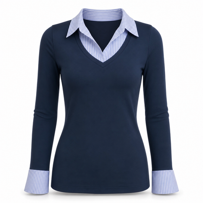 Damen Streifenimitat Zweiteiler Langarm Strickpullover Preppy-Stil Schmaler Passform Pullover-Oberteil