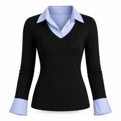 Damen Streifenimitat Zweiteiler Langarm Strickpullover Preppy-Stil Schmaler Passform Pullover-Oberteil