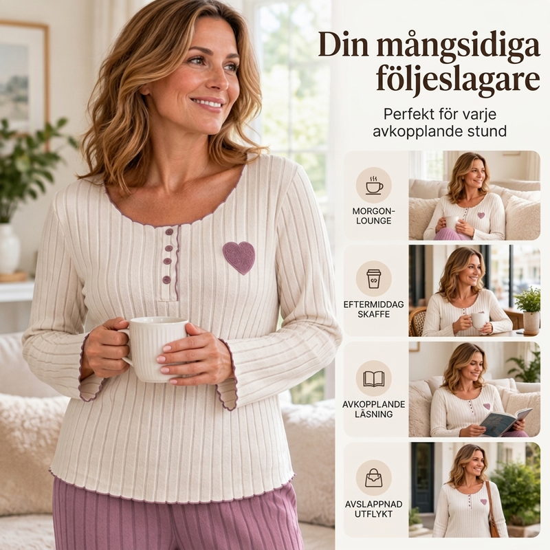 📢🎉50%Rabatt!!!🛍️✨Geripptes Schlafanzug-Set für Damen mit Herzstickerei
