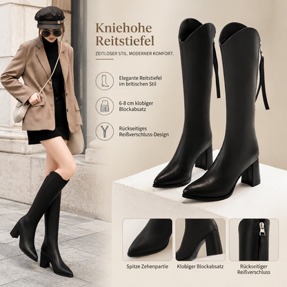 Damen Reitstiefel mit spitzer Zehenpartie, kniehoch, klobigen High Heels und Reißverschluss hinten