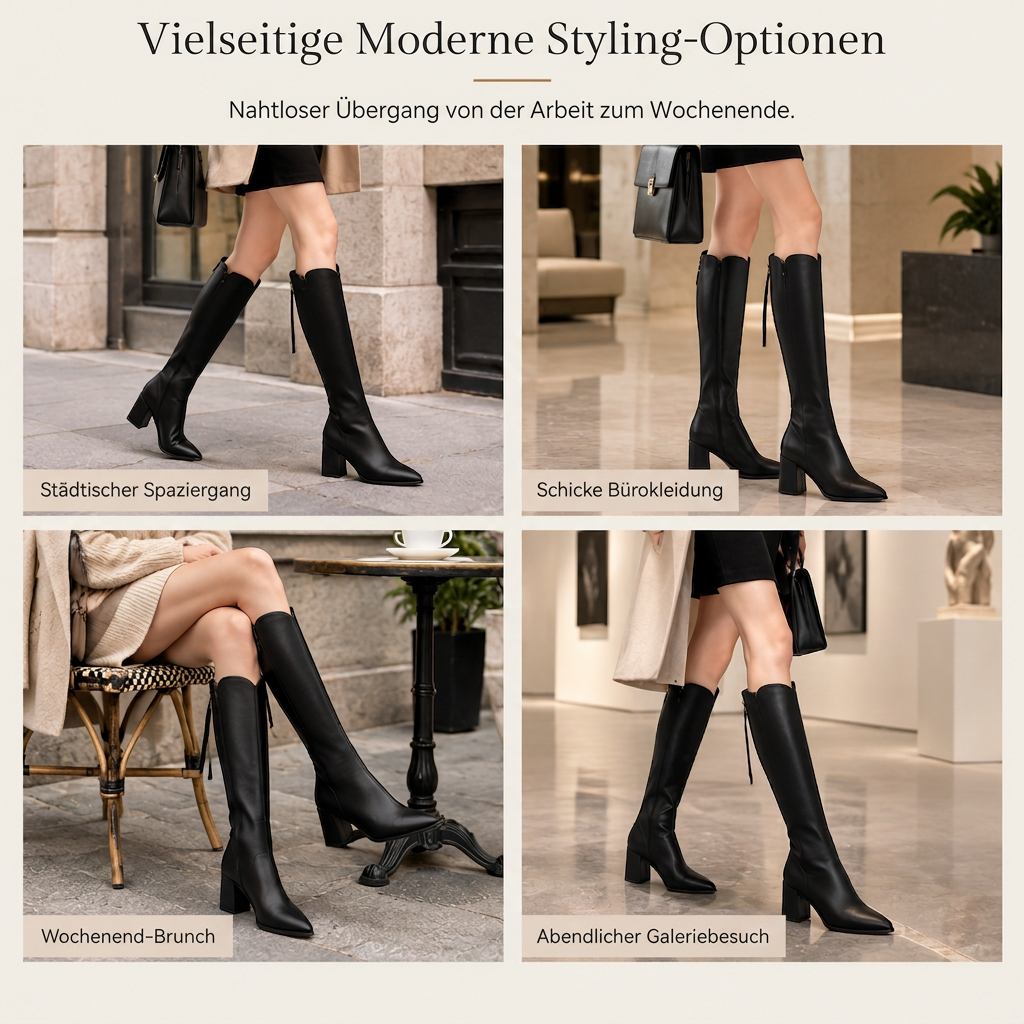 Damen Reitstiefel mit spitzer Zehenpartie, kniehoch, klobigen High Heels und Reißverschluss hinten