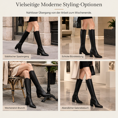 Damen Reitstiefel mit spitzer Zehenpartie, kniehoch, klobigen High Heels und Reißverschluss hinten